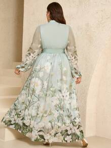 Veilorie Plus Size Round Neck Raglan Lantern Sleeve Floral Print Dress, Summer - Multicolor - View 2