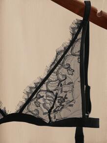 SHEIN French Lace Wave Trim Romantic Sexy Ladies Lingerie Bra - Black - View 9