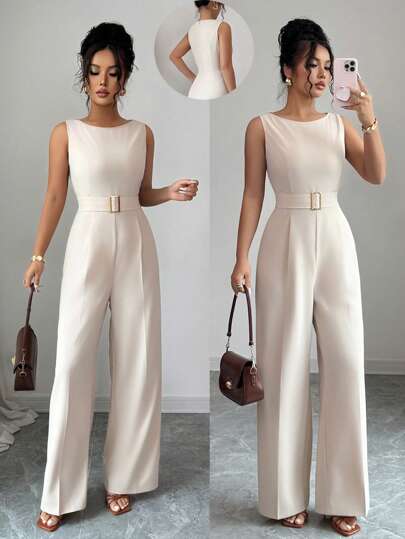 Selianne French Romantic One-Shoulder Sleeveless High Waist Belt Smooth Fabric Metal Buckle Decoration Wide Leg Straight Women Jumpsuit Women Summer Clothing Women Office Clothing Outing Clothing