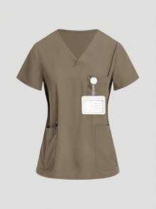 TaskEZ Uniform Set: V-Neck Short Sleeve Tailored Blouse And Drawstring Straight Leg Casual Pants, Scrub Sets