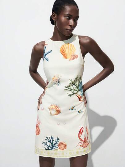 Maija 海洋印花图案舒适休闲短款无袖束腰夏季连衣裙，适合海滩、度假、音乐节、波西米亚风