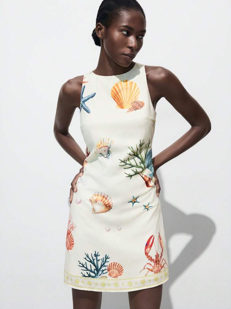 SHEIN Maija MAIJA Summer Beach Floral Smocked Ruffle Sleeveless Mini Dress