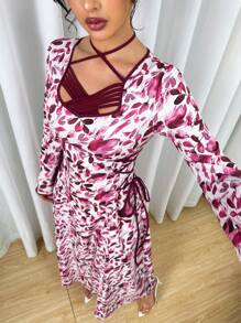 Yasmyna 女式侧腰系带浪漫花卉印花束腰优雅阿拉伯风格连衣裙，春夏 - 彩色 - 查看 1