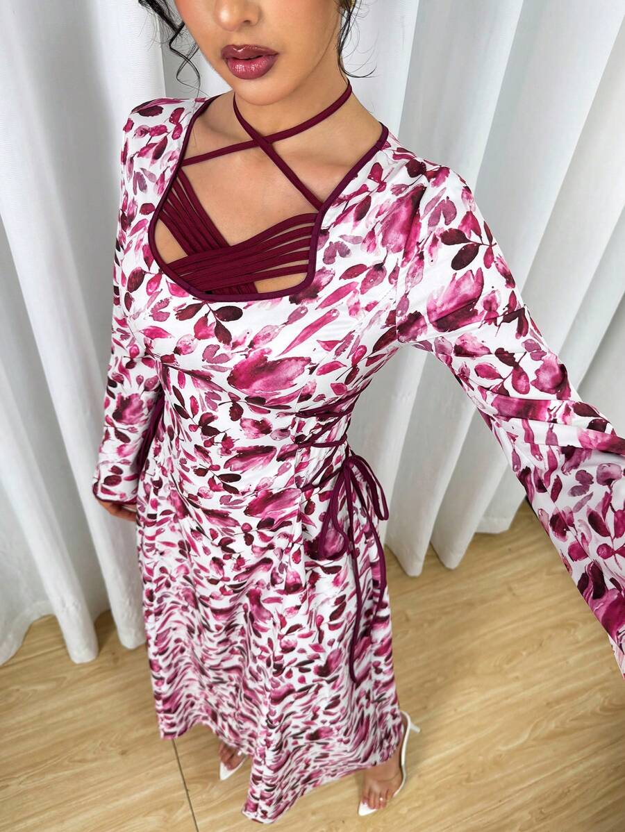 Yasmyna 女式侧腰系带浪漫花卉印花束腰优雅阿拉伯风格连衣裙，春夏 - 彩色 - 查看 1