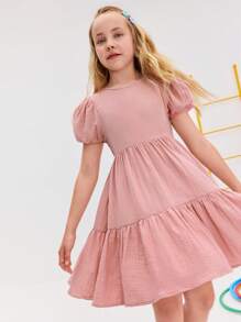 Leap Crew Leap Crew 青少年女孩休闲简约舒适圆领泡泡袖镂空后背长裙 - 粉色 - 查看 4