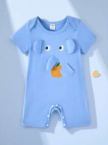 SHEIN 男婴休闲可爱卡通大象耳朵和鼻子图案连体衣柔软针织短袖连体衣，适合 0-18 个月新生儿、日常穿着、室内/户外活动、角色扮演 - 藍色 - 查看 1