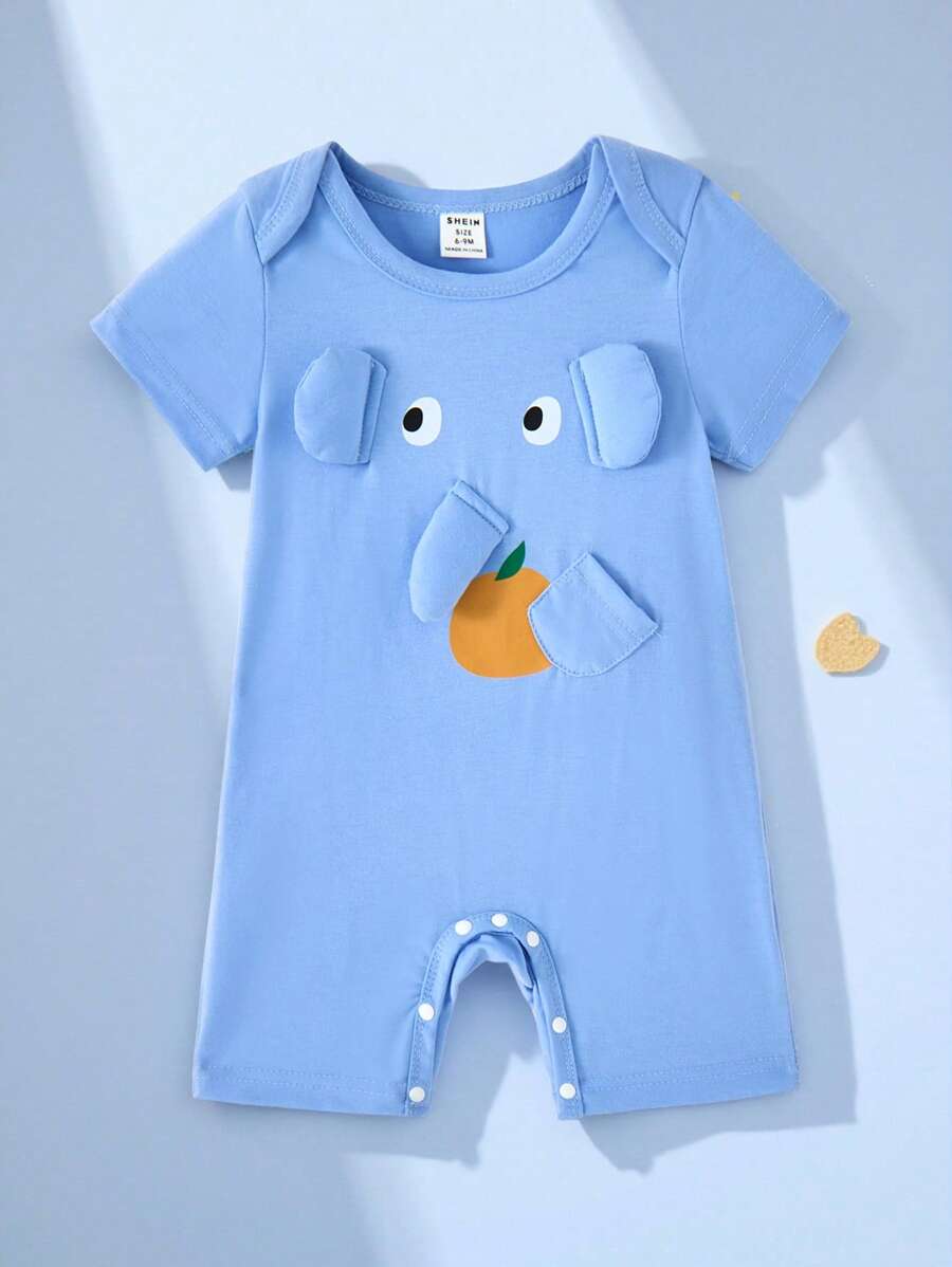 SHEIN 男婴休闲可爱卡通大象耳朵和鼻子图案连体衣柔软针织短袖连体衣，适合 0-18 个月新生儿、日常穿着、室内/户外活动、角色扮演 - 藍色 - 查看 1