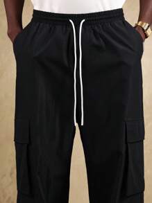 SUMWON 优质工装裤阔腿街头喇叭裤多口袋抽绳腰秋冬休闲裤 - 黑色 - 查看 7