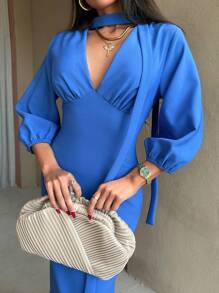 CLARA VERO Women Solid Color Long Sleeve With Shawl Detailed Dress - Blue - View 4