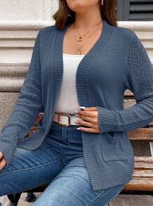 SHEIN LUNE Plus Size Casual Versatile Solid Color Cardigan Blue Cardigan Knitted Knitted Cardigan For Women Casual Cardigan Curve Cardigan In Fall/Winter - Dusty Blue - View 6