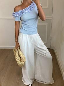 Livesso Blusa feminina casual de verão com estampa patchwork listrada, pregas e babados, modelagem slim, decote assimétrico e mangas curtas. Ideal para o verão.