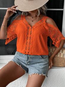 SHEIN Clasi Plus Size Women Contrast Lace Off Shoulder Loose Elegant Blouse - Orange - View 4