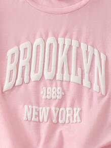 SHEIN Explorewe 2件套女童字母印花宽松休闲T恤和撞色数字印花休闲短裤，2025夏季返校季儿童学院风套装和运动服 - 粉色 - 查看 6