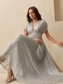 Anewsta Đầm dài thanh lịch cổ chữ V tay ngắn đính hạt cườm xếp ly eo cho nữ, mùa hè - Xám - Xem 5