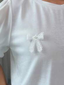 Elenzga Women's Solid Color Round Neck Short Sleeve T-Shirt With Bow Decoration, Summer - White - View 4