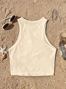 SHEIN EZwear Top camiseta ajustada de cuello redondo minimalista y casual con estampado tropical para mujer, de verano