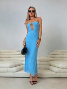 Roylia 女士优雅露肩海鲜装饰海滩纯色性感连衣裙 - 藍色 - 查看 1