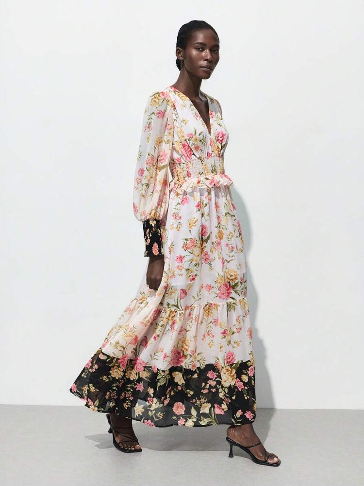 SHEIN Maija Women's Boho Maxi Dress Floral Print V-Neck Extra Long Sleeve And Shirred Waist Detail