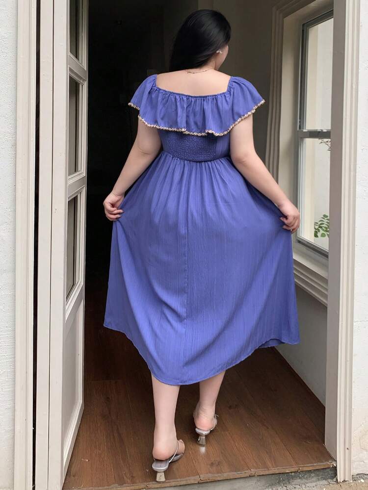 Dazy Plus Plus Size Back Cutout Ruffle Trim Off Shoulder Fitted Long Dress Maxi Dress Vacation Outfits Women