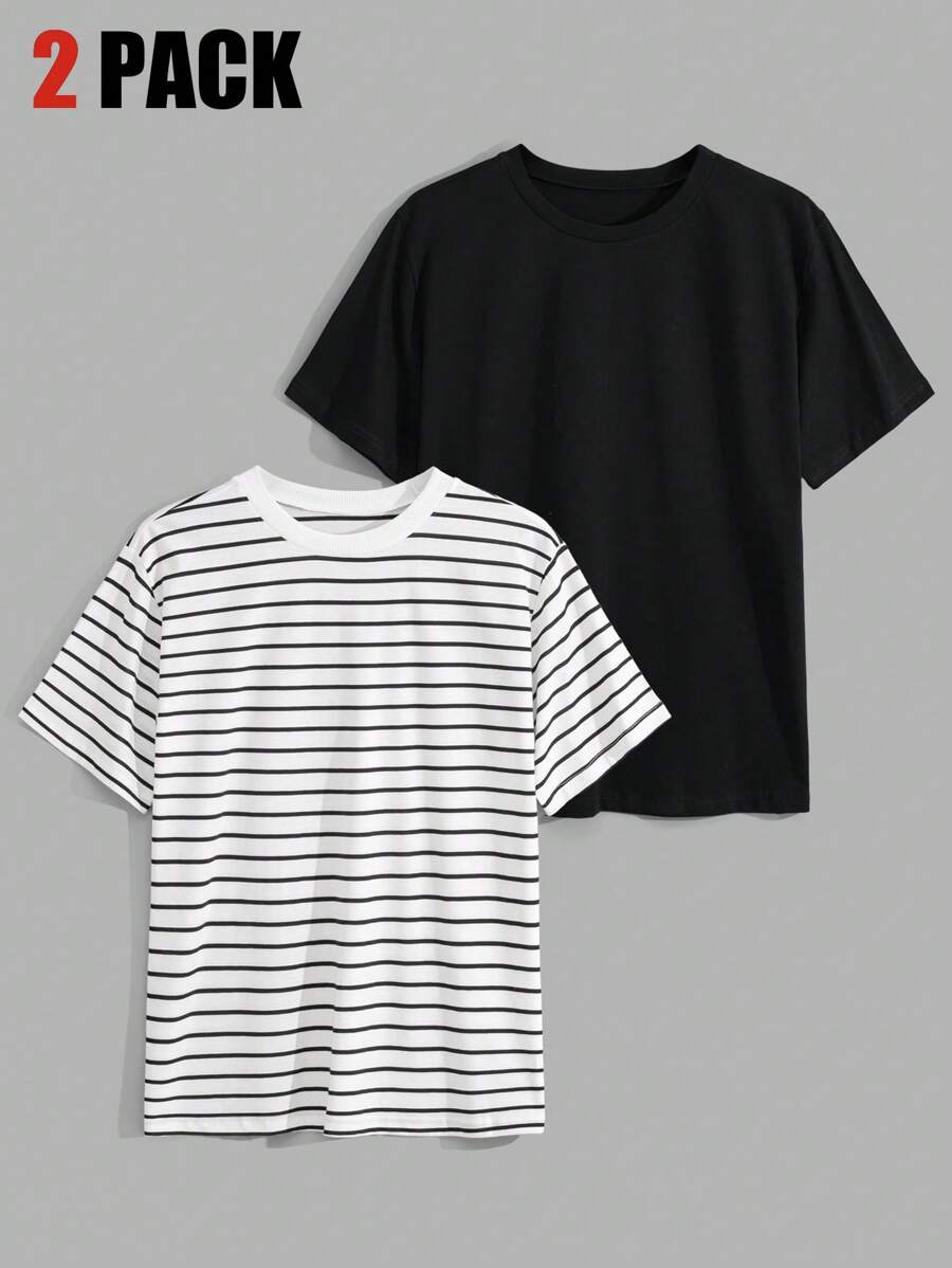RueChic Men Cottonline 2pcs Multi Pack Striped Regular T-Shirts - Black and White - View 1