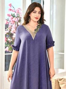 Lacomfia Vestido largo de estilo árabe con cuello redondo, manga corta, y volantes en talla grande de unicolor - Morado - Ver 4