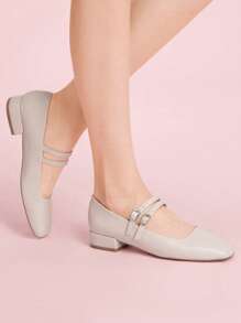 CUCCOO DOLLMOD CUCCOO Fashionable Beige Mary Jane Low Chunky Heel Flats - Chantilly - View 5