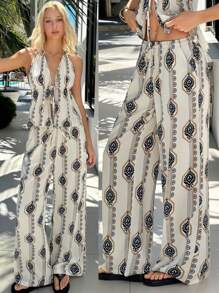 SHEIN EZwear 女式休闲宽松印花系带裤