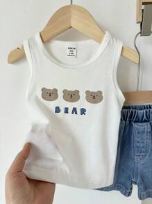 SHEIN Vintaside Kids Set de 2 piezas Conjunto de verano para niños pequeños, con top de chaleco con estampado de oso blanco combinado con pantalones cortos de jean, diseño minimalista y de moda, adorable, cómodo, adecuado para salidas, uso casual en casa, versátil para diferentes ocasiones