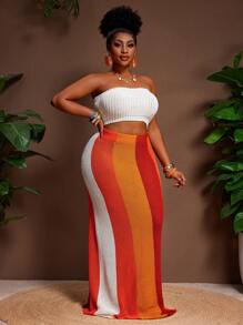 Veslaya 欧美风性感露脐针织衫搭配撞色罗纹修身长裙两件套，夏季长裙套装，条纹裙套装，度假装，女士裙装套装，曲线裙套装 - 彩色 - 查看 6