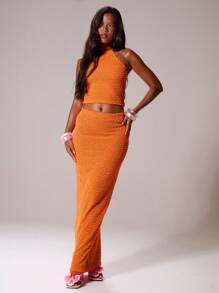 MUSERA Falda maxi de punto texturizada de talle bajo, ajuste recto, solo Bottom, coordinado, Ibiza, sexy, vacaciones, verano, festival, ropa de playa, romántica, elegante, cumpleaños, Acción de Gracias