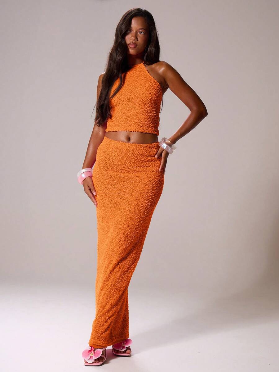 MUSERA Falda maxi de punto texturizada de talle bajo, ajuste recto, solo Bottom, coordinado, Ibiza, sexy, vacaciones, verano, festival, ropa de playa, romántica, elegante, cumpleaños, Acción de Gracias