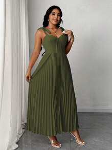 SHEIN Clasi Váy suông màu trơn không tay buộc nơ lãng mạn thanh lịch cỡ lớn cho nữ - xanh quân đội - Xem 4