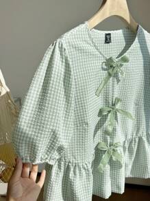 Comfortcana 大码薄荷绿和白色格子短袖休闲衬衫 - 薄荷綠 - 查看 5