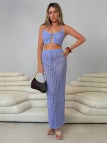 Roylia Bộ váy dài 2 món thanh lịch, cổ yếm khoét sâu phong cách Blogger thời trang có khóa kim loại và dây rút - Màu xanh lam - Xem 5