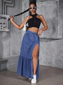 Jeanoix 女式休闲水洗高开衩牛仔裙 - 藍色 - 查看 7