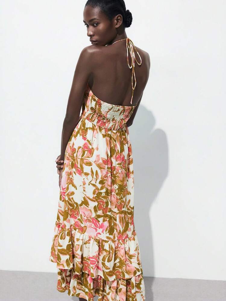 SHEIN Maija Women's Boho Floral Halter Maxi Dress Sleeveless Summer Sundress With Knot Detail And Tiered Ruffle Hem