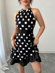 Gloray 女士优雅波尔卡圆点印花露背短款连衣裙，夏季 - 黑色 - 查看 8