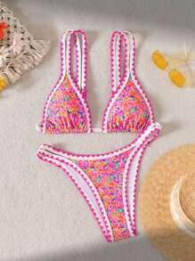 Swim Mod 2pcs Women's Summer Random Floral Print Tie Front Criss Cross Back Bikini Set - Multicolor - View 3