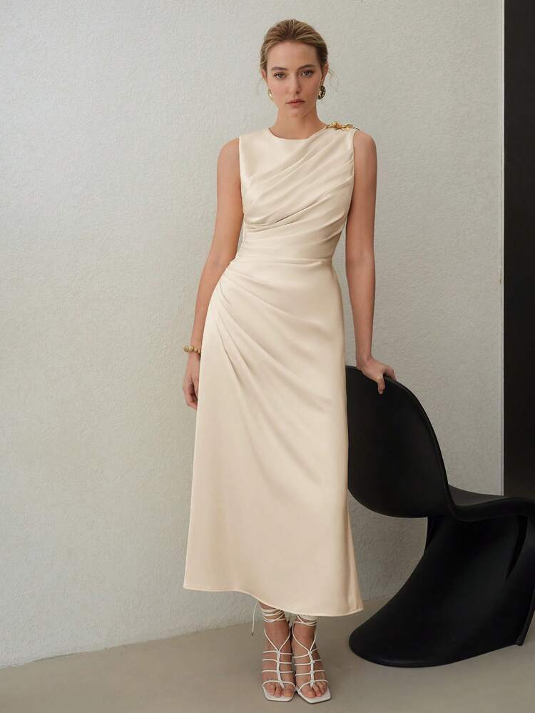 ELEGANT SOLID RUCHED WAIST SLIM FIT DRESS, SUITABLE FOR DATES AND EVERYDAY WEAR
