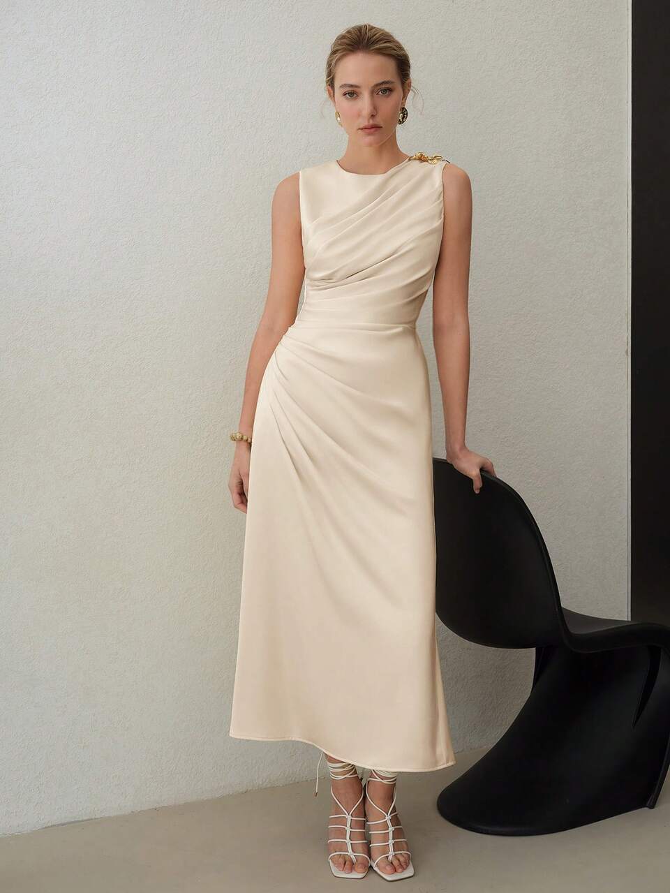 ELEGANT SOLID RUCHED WAIST SLIM FIT DRESS, SUITABLE FOR DATES AND EVERYDAY WEAR