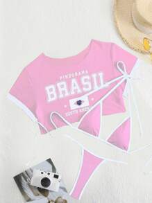 Swim SXY 3 件套女士沙滩装：性感拼色三角吊带比基尼上衣和无袖圆领罩衫 - 粉色 - 查看 7