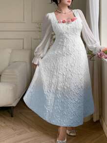 Modelyn Vestido de línea A con cintura ceñida, decoración floral degradada azul, talla grande - Azul - Ver 4