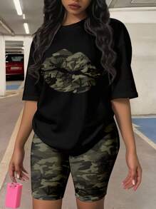 Slaydiva Bộ 2 sản phẩm/Bộ Áo thun cổ tròn tay ngắn họa tiết ngụy trang lễ hội âm nhạc + Quần rằn ri, size lớn, phù hợp cho mùa hè - Nhiều màu - Xem 6