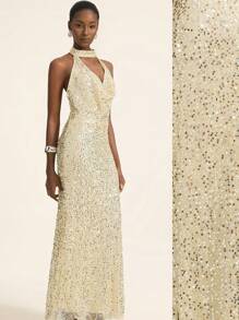 Aveloria Rosie 优雅奢华亮片装饰露背垂坠领无袖紧身长裙，性感别致女士正式派对礼服