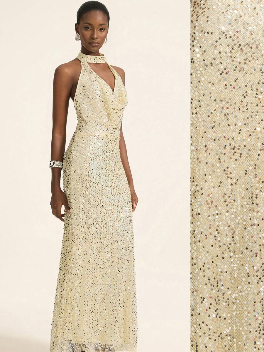 Aveloria Rosie 优雅奢华亮片装饰露背垂坠领无袖紧身长裙，性感别致女士正式派对礼服