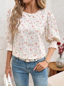 SHEIN Clasi 女士花卉印花圆领短袖宽松衬衫，春夏情人节乡村女士春季休闲上衣女士夏季春季情人节夏季夏季奶油黄女牛仔刺绣上衣乡村秋季 - 藕粉色 - 查看 8