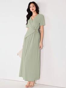 Heiryn 女式夏季纯色V领短袖褶皱优雅连衣裙