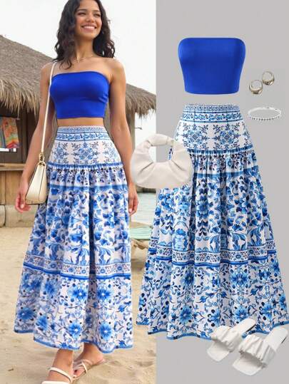 Sparklyn 2件套青少年海滩度假纯色抹胸+碎花裙