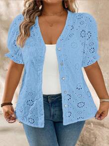 SHEIN LUNE Women Plus Size V-Neck Embroidered Puff Sleeve Button Front Blouse - Blue - View 3