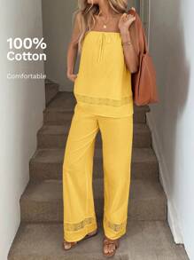 SHEIN LUNE 2 件女式蕾丝拼布有机棉吊带背心上衣和裤子套装，春夏季黄色女式两件套女式夏季两件套女式黄色套装黄色夏季套装舒适两件套